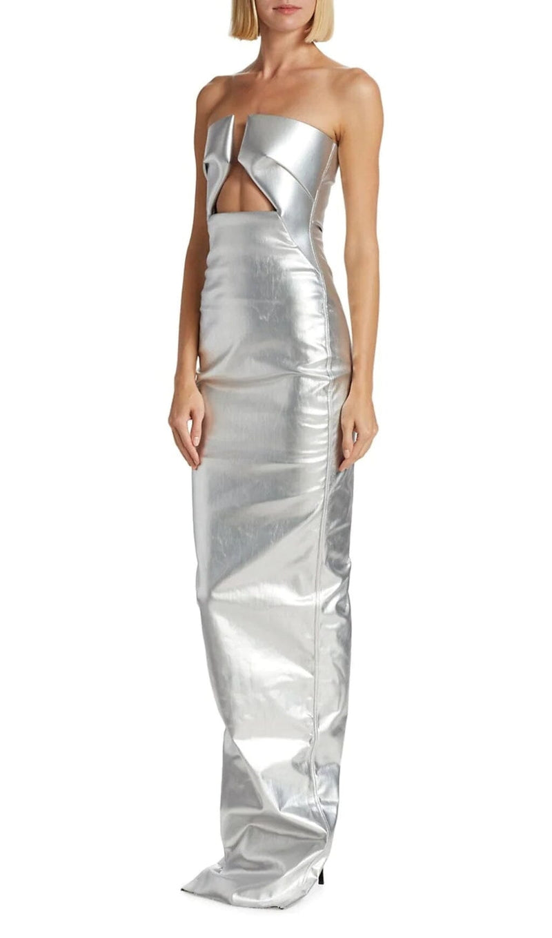 FAUX LEATHER STRAPLESS MAXI DRESS IN SILVER dresses styleofcb 