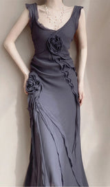 MESH VINTAGE FLORAL PLEATED MAXI DRESS IN GREY styleofcb 