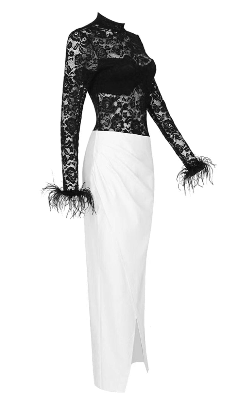 SPLICED LACE FEATHER SLIT DRESS IN BLACK AND WHITE styleofcb 