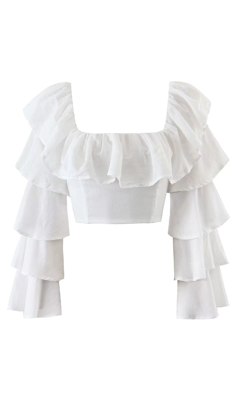 RUFFLE-TRIMMED CROP TOP DRESS STYLE OF CB S WHITE 