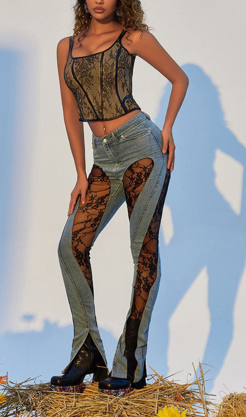 LACE PANELED HIGH RISE SKINNY JEANS