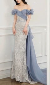 ONE-SHOULDER PUFF SLEEVE SEQUIN STITCHED MAXI DRESS Dresses styleofcb 