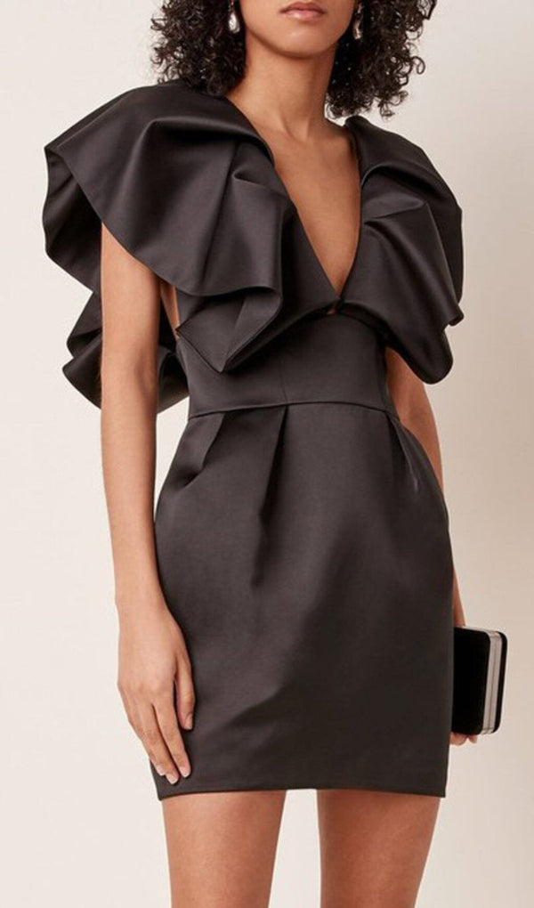 DEEP V THREE-DIMENSIONAL SHOULDER DESIGN DRESS IN BLACK styleofcb 