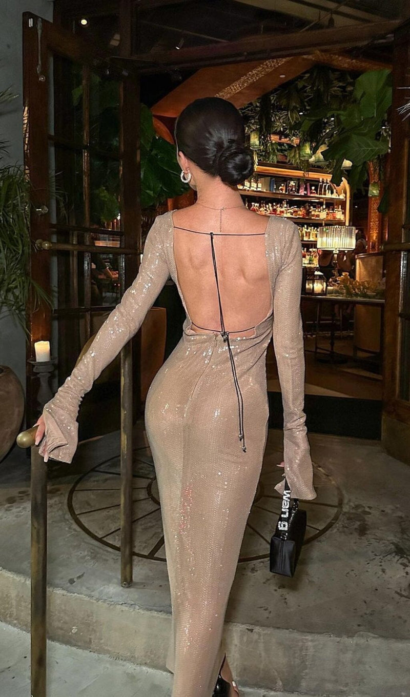 SEQUINED WITH LONG SLEEVES AND BACKLESS DRESS IN KHAKI styleofcb 