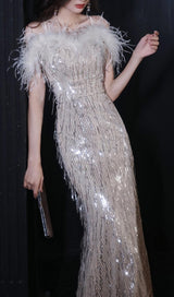 CHAMPAGNE FEATHER SEQUIN MAXI DRESS styleofcb 