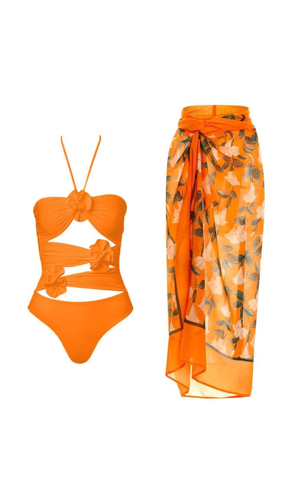 HALTER CUTOUT 3D FLOWER DECOR ONE PIECE SWIMSUIT AND SARONG styleofcb SWIMSUIT AND SARONG S 