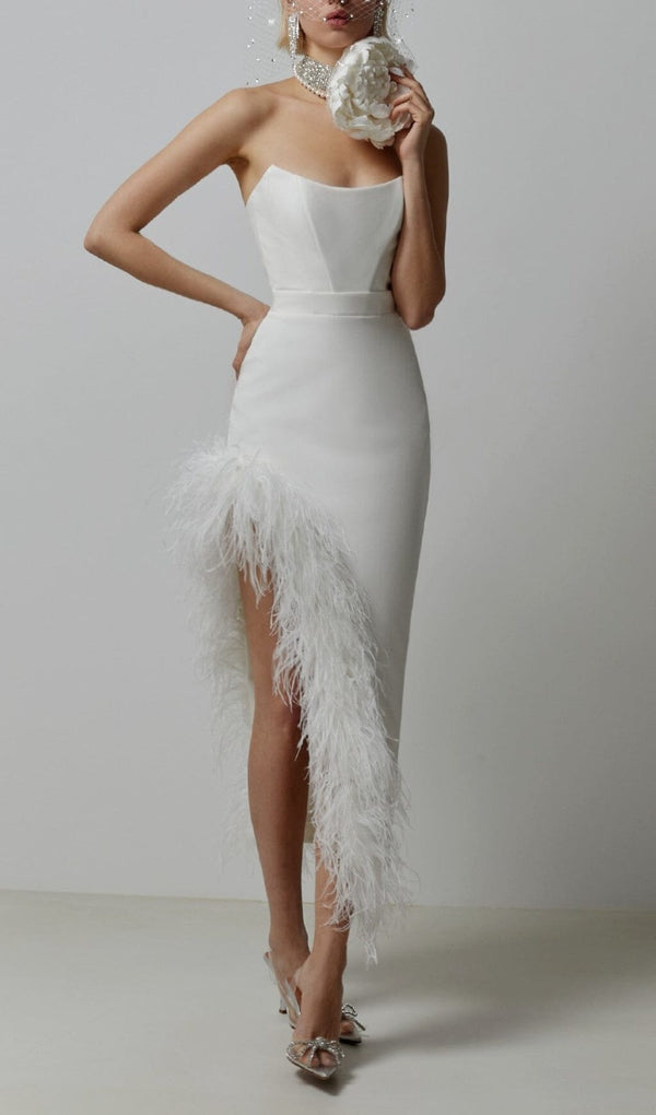 STRAPLESS FEATHER MIDI DRESS IN WHITE styleofcb 