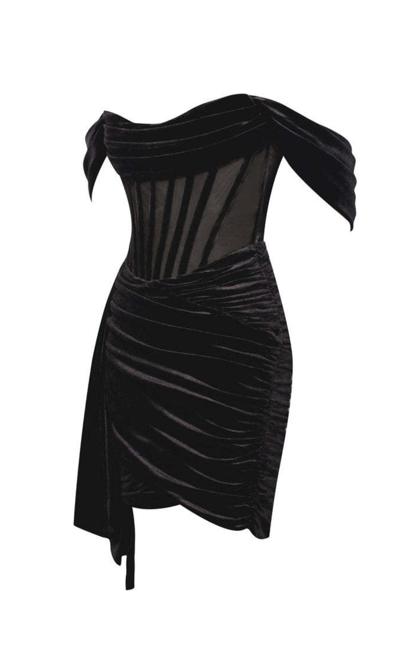 IRISA BLACK DRAPING OFF SHOULDER CORSET DRESS Dresses styleofcb 