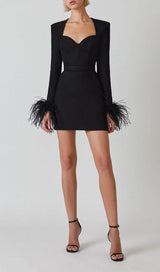 STRETCH LONG SLEEVES FEATHER MINI DRESS IN BLACK Dresses styleofcb 