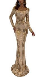 LONG SLEEVES WITH PRINT MAXI DRESS IN GOLD styleofcb 