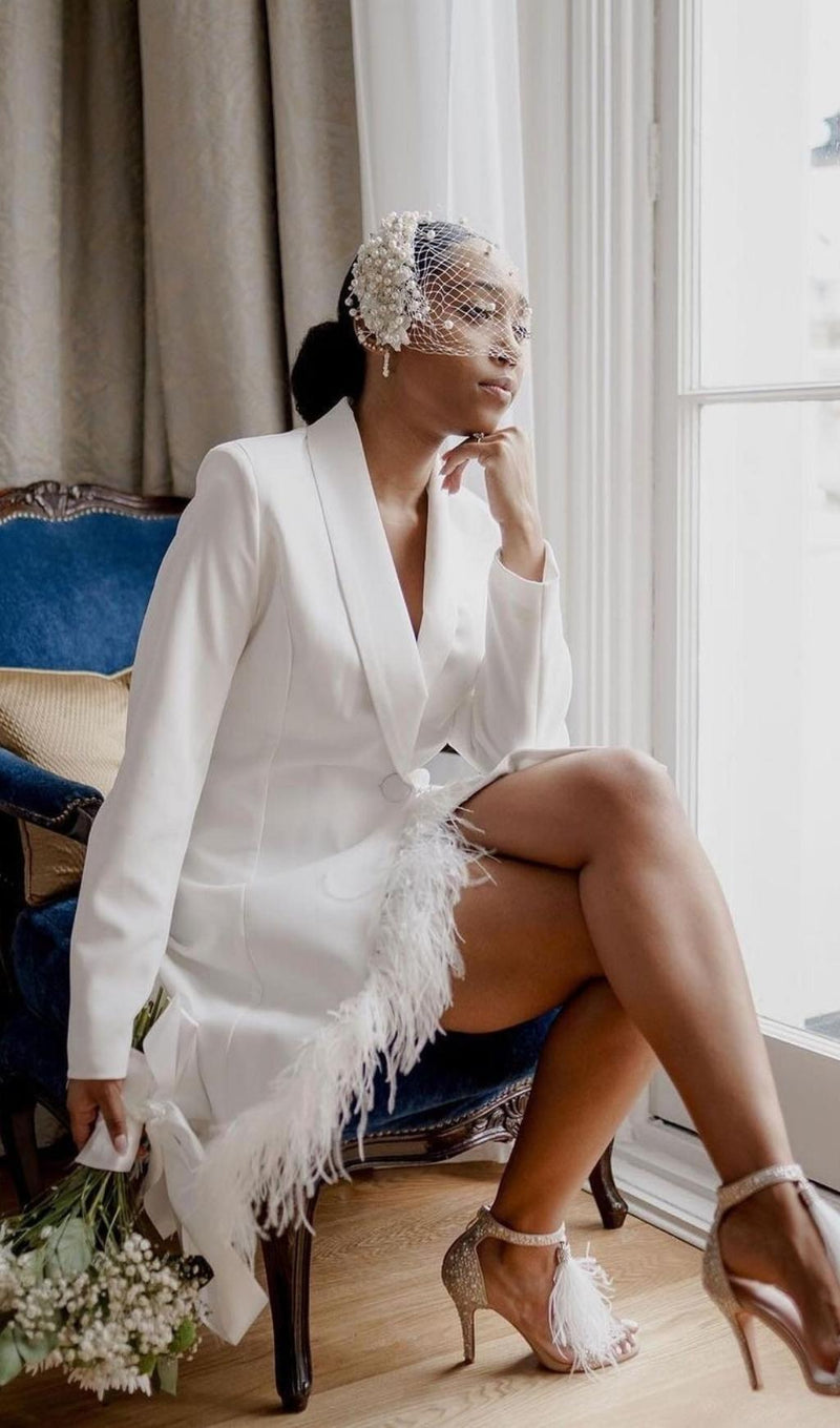 LONG SLEEVES FEATHER MINI DRESS IN WHITE Dresses styleofcb 