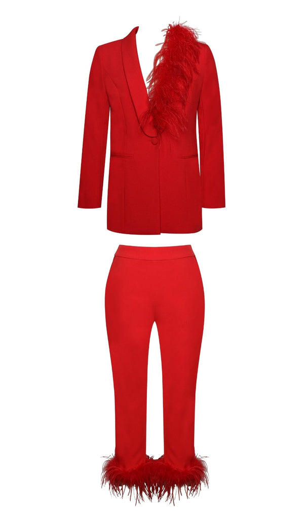 RED BLAZER SUIT WITH FEATHER TRIM Bottoms styleofcb 