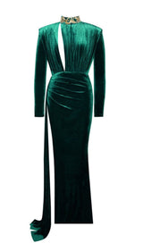 ZENAIDA EMERALD GREEN CUTOUT HIGH SLIT VELVET GOWN Dresses styleofcb 
