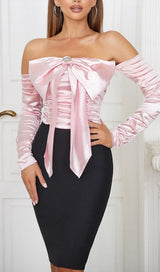 SPLICING ONE LINE SHOULDER LARGE BOW DRESS IN BLACK AND PINK styleofcb 