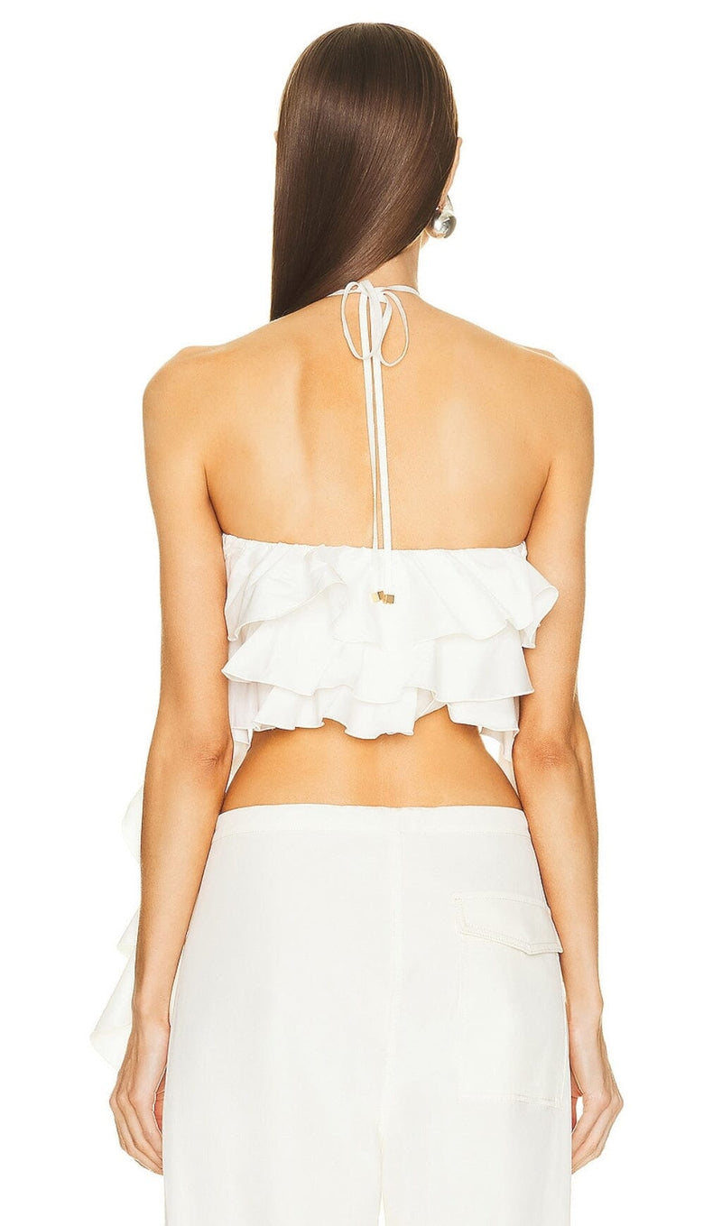 RUFFLE-DETAIL HALTER CROP TOP IN WHITE DRESS STYLE OF CB 