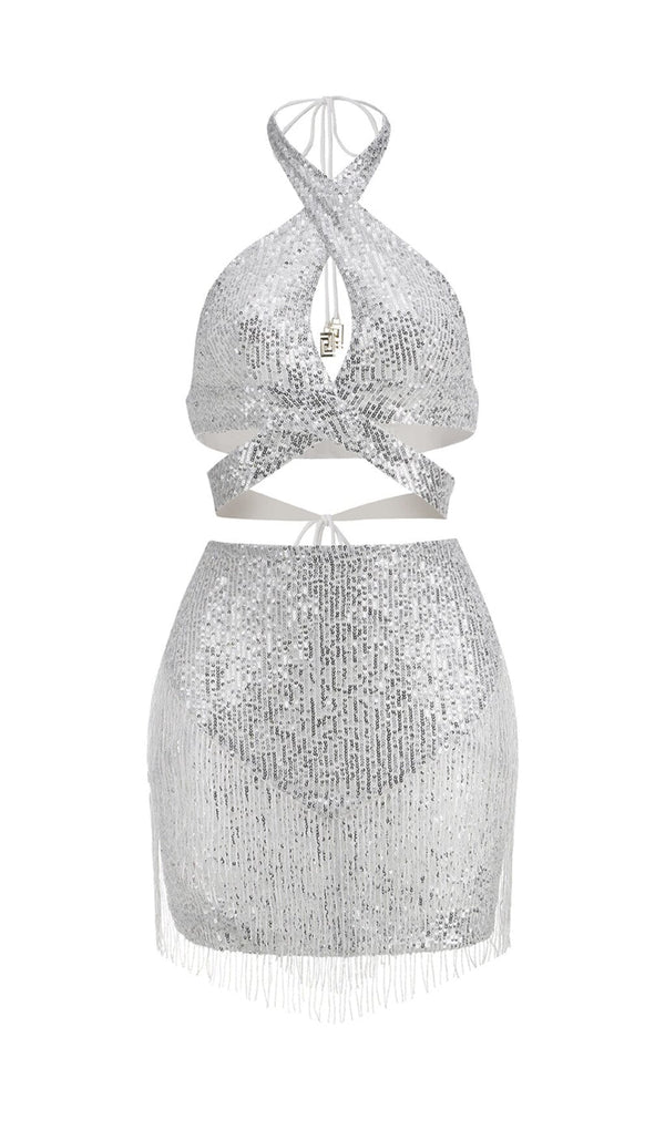 SEQUIN TASSEL BACKLESS MINI DRESS IN SILVER styleofcb 