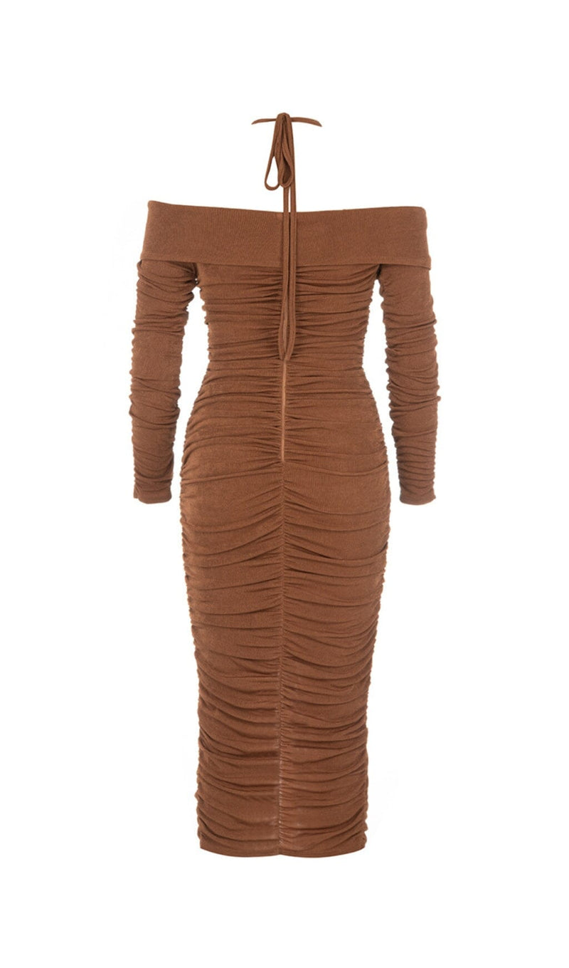 BROWN OFF-THE-SHOULDER PLEATED LONG-SLEEVED MIDI DRESS styleofcb 