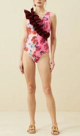 RUFFLED FLORAL PRINT SPLICING ONE PIECE SWIMSUIT styleofcb 