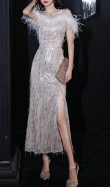 CHAMPAGNE FEATHER SEQUIN MAXI DRESS styleofcb 