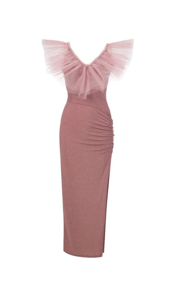 V-NECK LOTUS LEAF YARN EDGE SLIM SLIT DRESS IN PINK styleofcb 