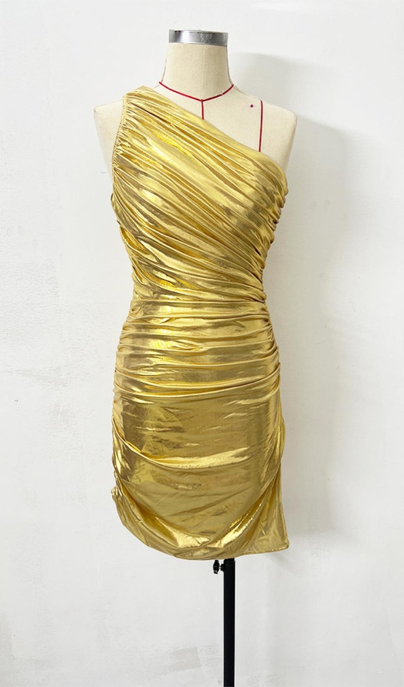 ONE SHOULDER RUCHED MINI DRESS IN GOLD Dresses styleofcb 