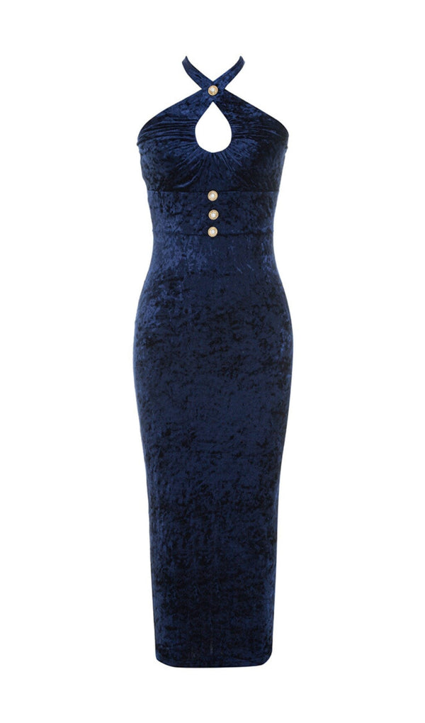 VELVET HALTER SEXY WAIST MIDI DRESS IN NAVY styleofcb 