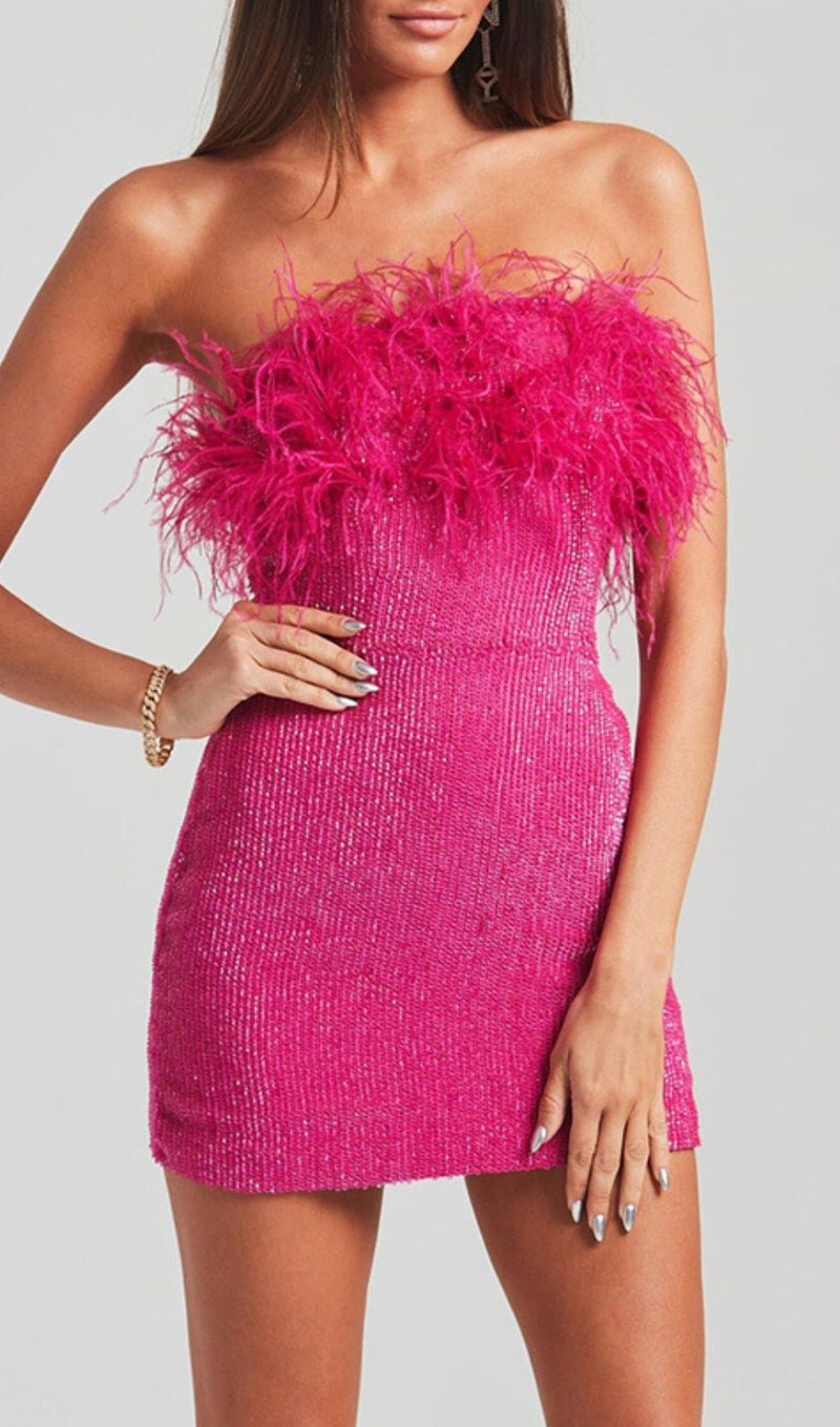SEQUIN FEATHER STRAPLESS MINI DRESS IN PINK styleofcb 