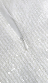 SEQUIN FEATHER STRAPLESS MINI DRESS IN WHITE styleofcb 