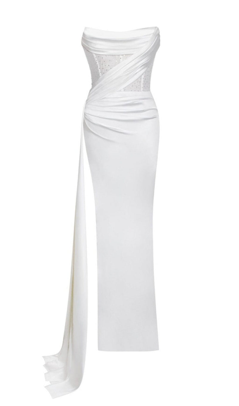 HOLLY WHITE CRYSTALLIZED CORSET HIGH SLIT SATIN GOWN Dresses styleofcb 