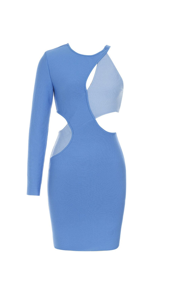 BLUE ROUND-NECK IRREGULAR STITCHED ONE-SHOULDER MINI DRESS Dresses styleofcb 