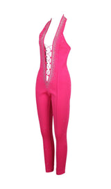HALTER NECK CRYSTAL BACKLESS JUMPSUITS IN PINK BODYSUITS & JUMPSUITS styleofcb 