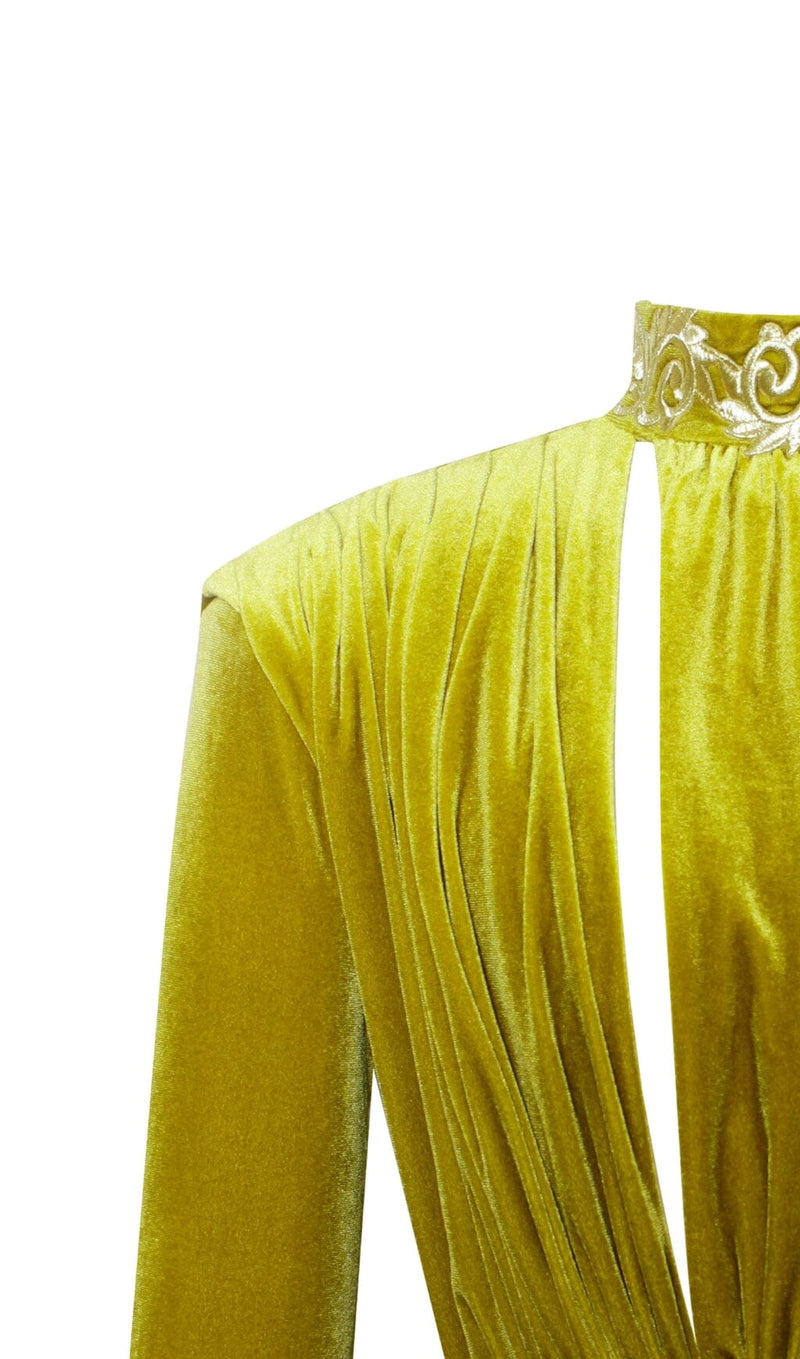 Zenaida Gold Cutout High Slit Velvet Gown Dresses styleofcb 