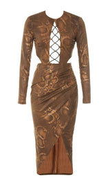 HOLLOW LEOPARD OUT MIDI DRESS IN BROWN styleofcb 