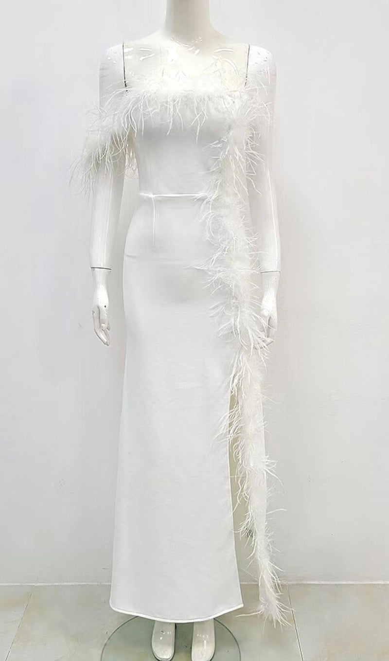 FEATHER STRAPLESS MAXI DRESS IN WHITE Dresses styleofcb 
