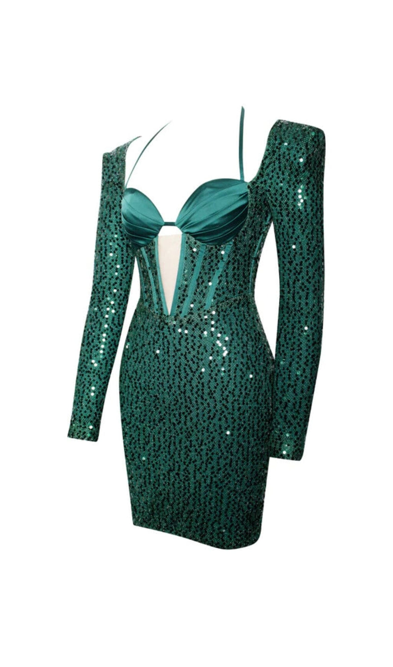 MELINA EMERALD GREEN LONG SLEEVE SEQUIN DRESS Dresses styleofcb 