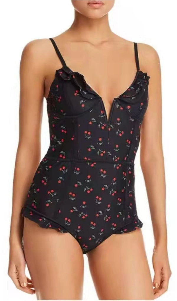 CHERRY PLUNGE SWIMSUIT - BLACK Swimsuits Oh CICI 