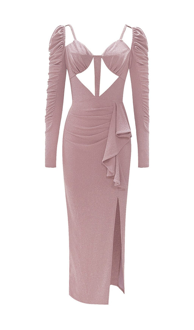 HIGH SLIT AND RUFFLES BACKLESS DRESS IN PINK styleofcb 