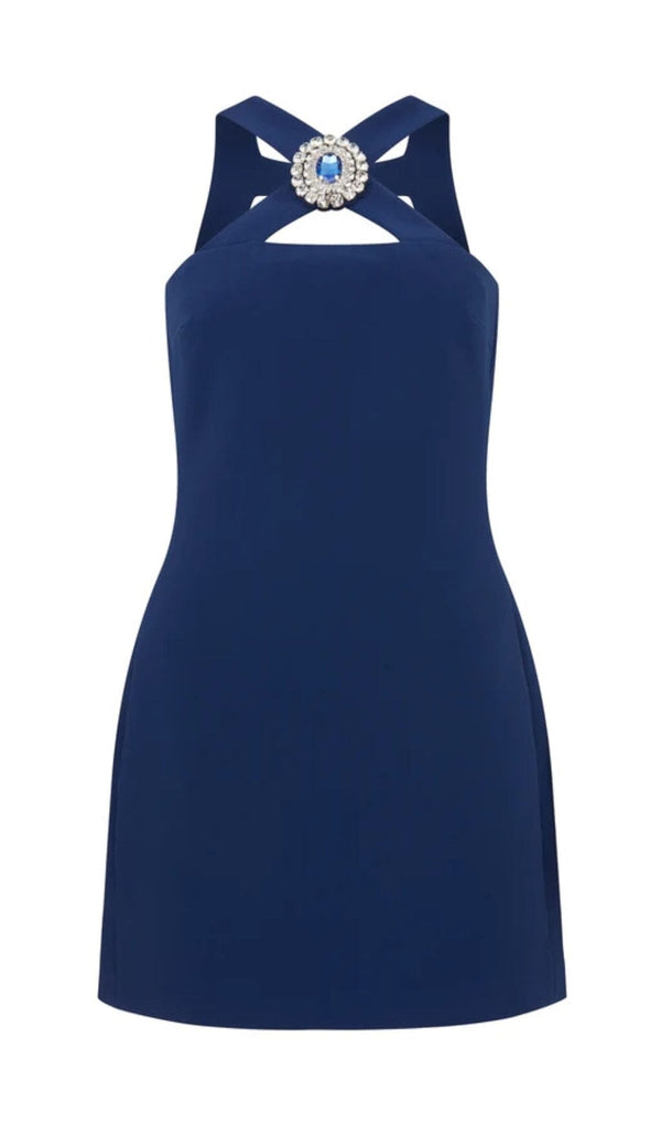 CRYSTAL-BROOCH CREPE MINI DRESS IN NAVY BLUE DRESS styleofcb 