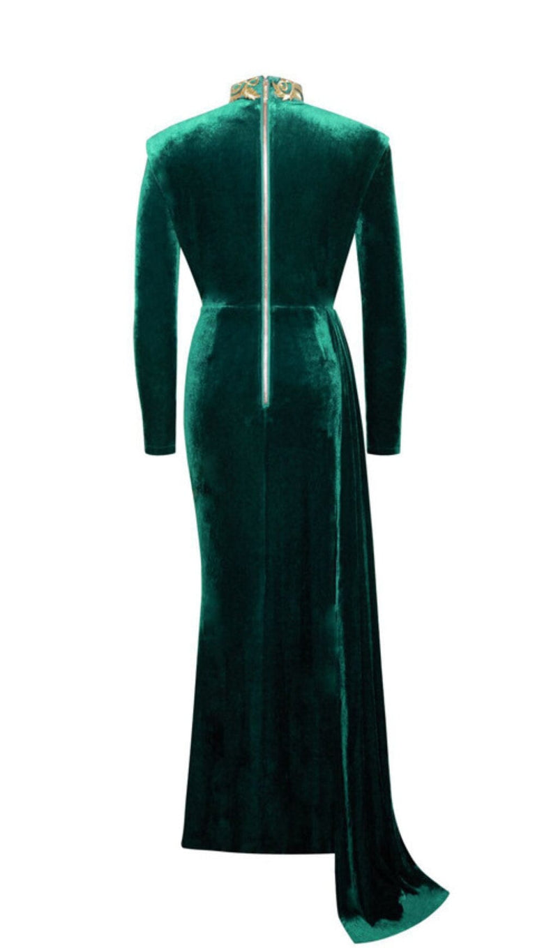 ZENAIDA EMERALD GREEN CUTOUT HIGH SLIT VELVET GOWN Dresses styleofcb 