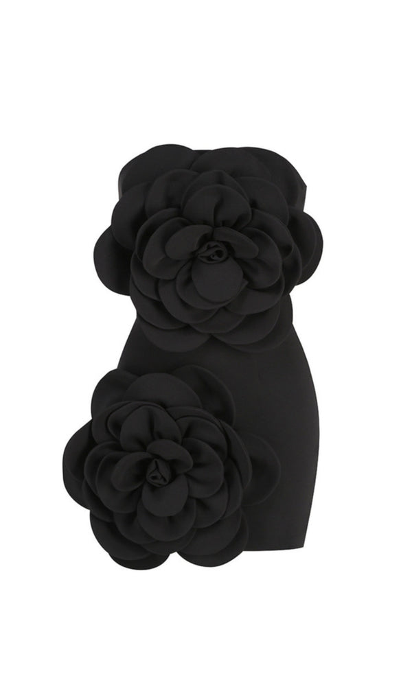 STRAPLESS FLOWER MINI DRESS IN BLACK