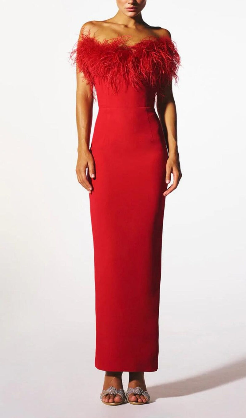 STRETCH STRAPLESS FEATHER TRIMMED GOWN IN RED styleofcb 