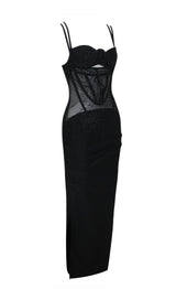 MESH CORSET SPLIT MAXI DRESS IN BLACK styleofcb 