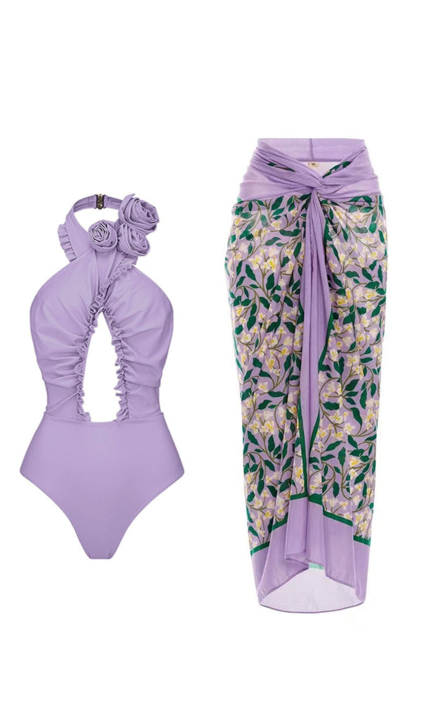 PURPLE HALTER 3D FLOWER ONE PIECE SWIMSUIT AND SARONG styleofcb SWIMSUIT AND SARONG S 