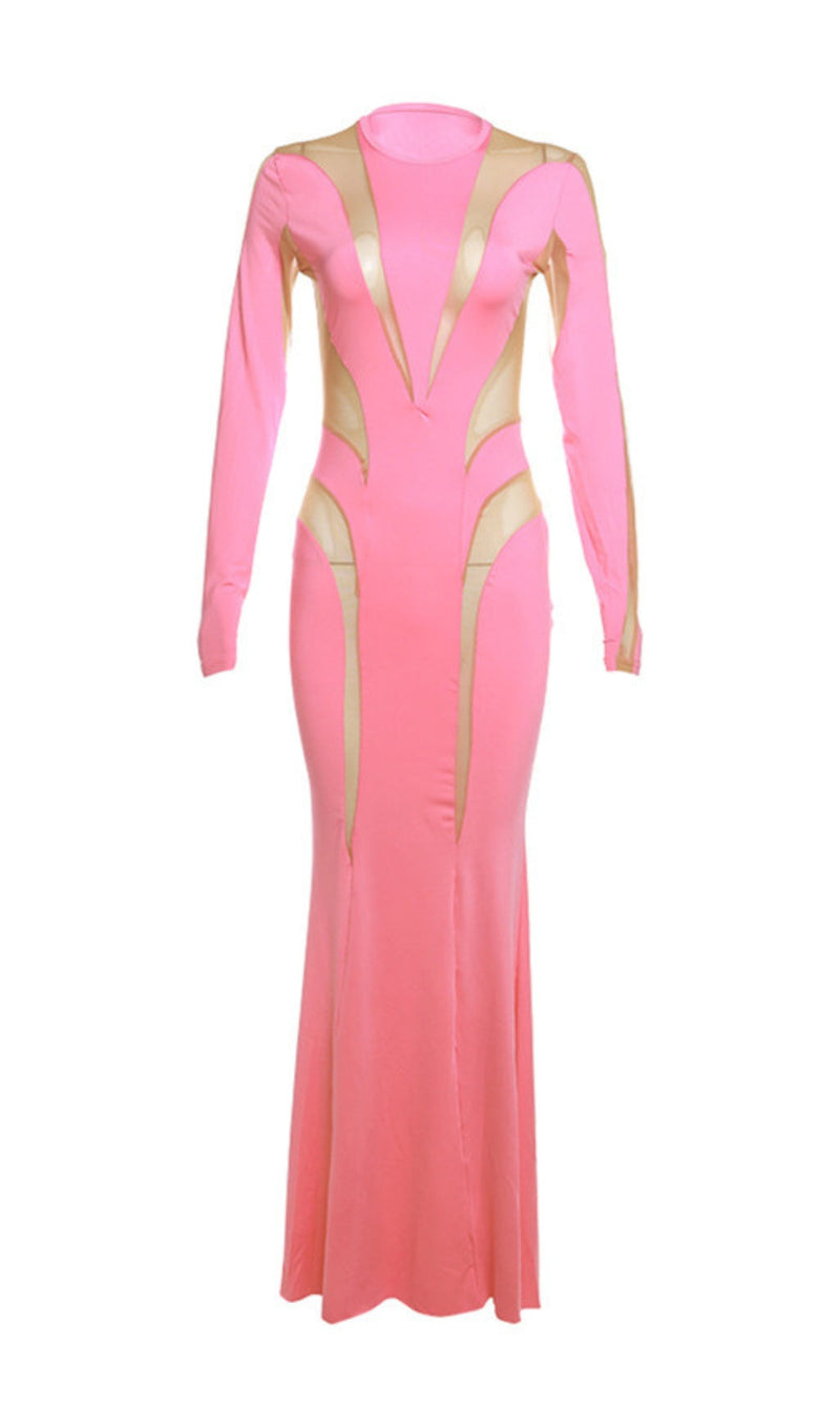 LONG SLEEVE MESH BODYCON MAXI DRESS IN PINK