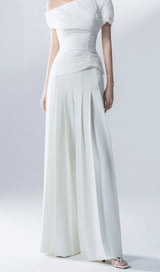 WHITE FEATHER PLEATED TWO PIECES SUIT