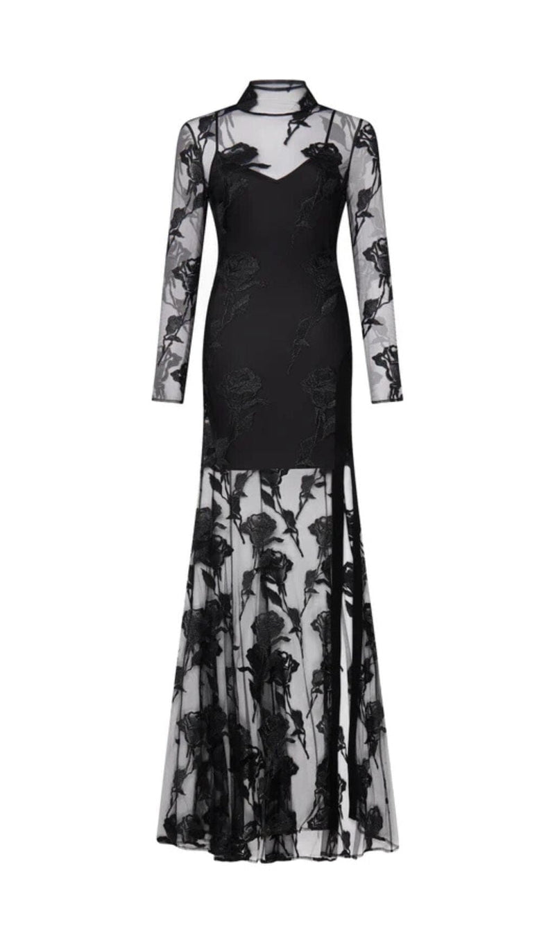 EMBROIDERED MESH FLORAL MAXI DRESS IN BLACK DRESS STYLE OF CB 