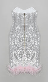 STRAPLESS SEQUIN FEATHER MIDI DRESS IN SILVER Dresses styleofcb 
