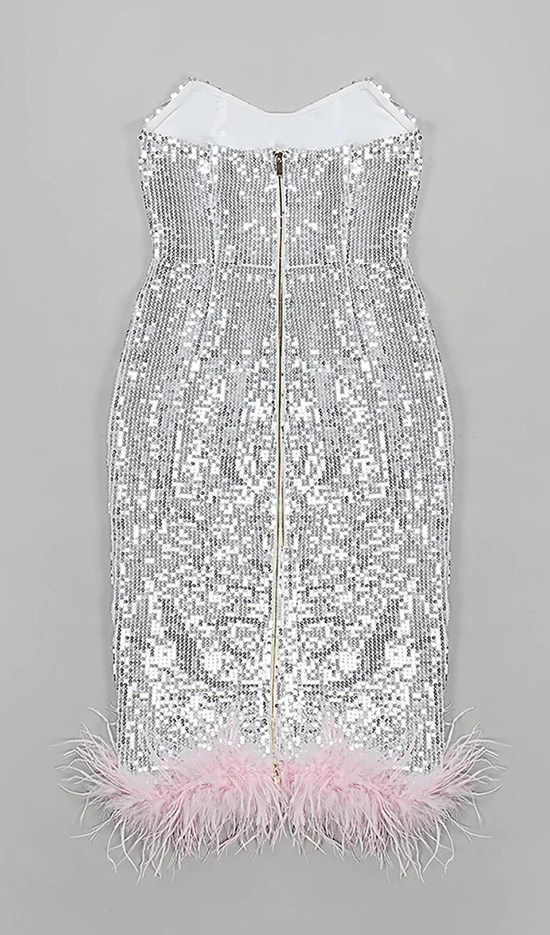 STRAPLESS SEQUIN FEATHER MIDI DRESS IN SILVER Dresses styleofcb 