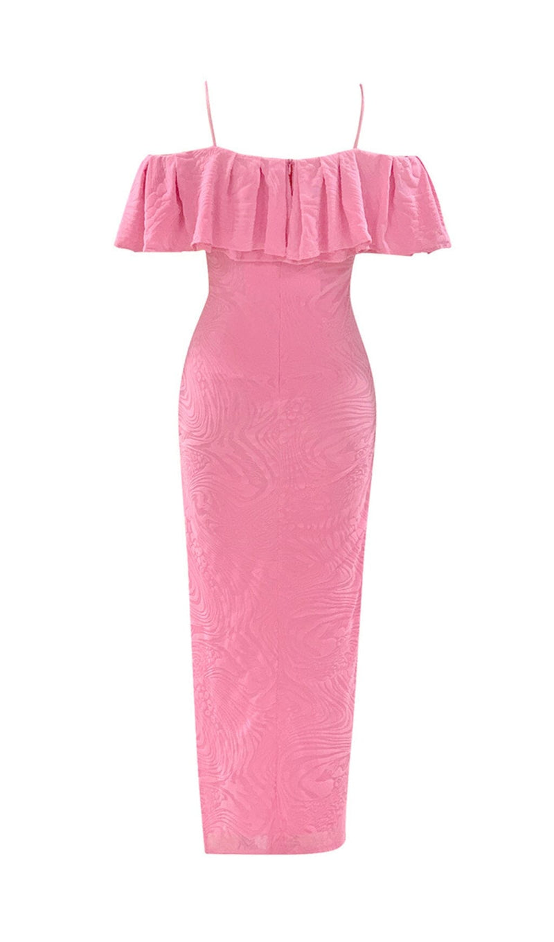 RUFFLE COLLAR OFF-THE-SHOULDER HIGH SLIT DRESS IN PINK styleofcb 