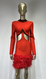 RHINESTONE CUTOUT FEATHER BANDAGE DRESS IN RED